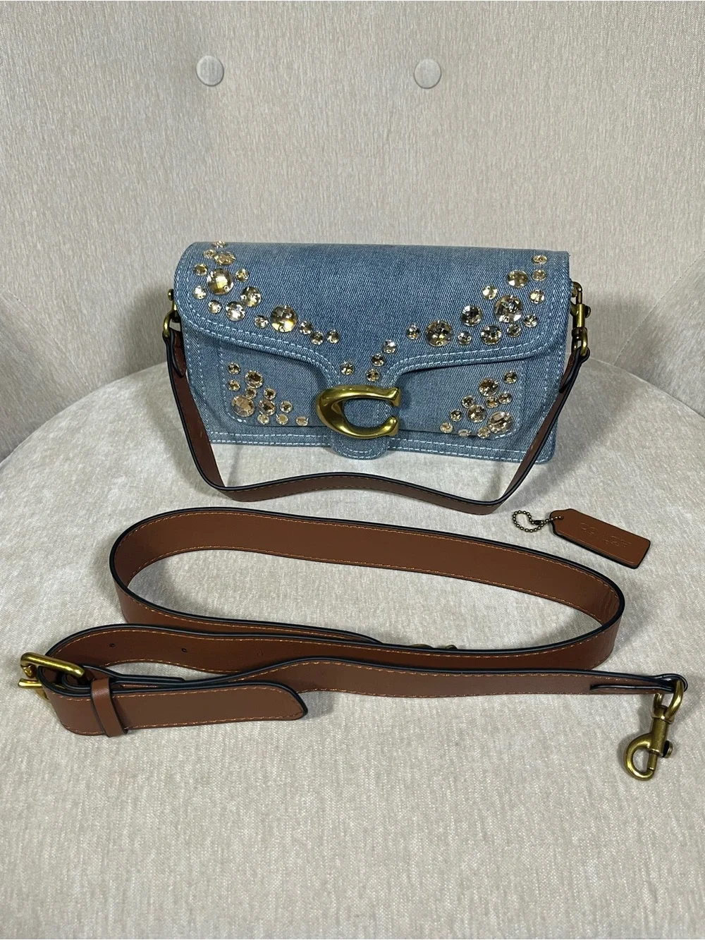 Coach Light Blue Denim Crystal-Embellished Clutch with Gold 'C'